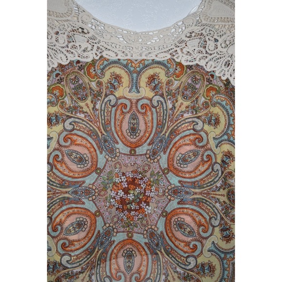 One World Sleeveless Top Large Crochet Shoulders High-Low Hem Sheer Boho Hippie - Picture 11 of 16